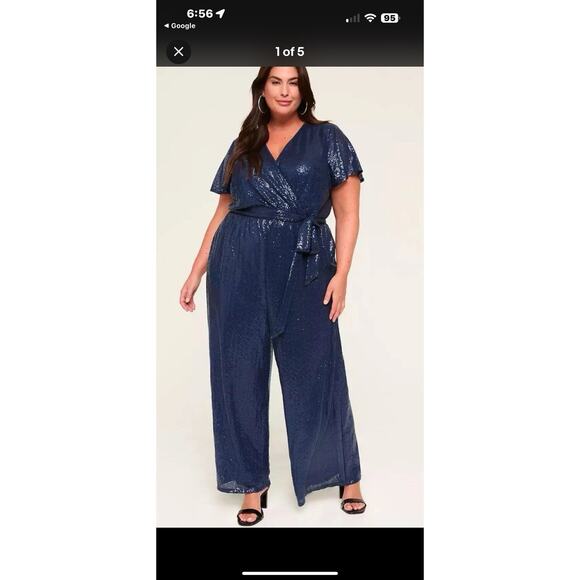 LANE BRYANT MARITIME BLUE SEQUIN FLUTTER SLEEVE WIDE LEG JUMPSUIT SZ 26/28 GLAM - Picture 11 of 14